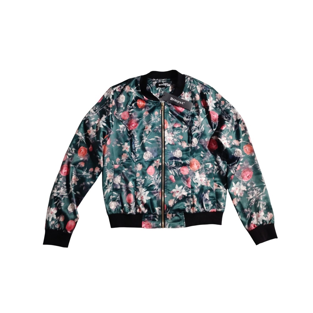 Allegra K Womens Green Floral Bomber Jacket Satin Baseball Style Small
